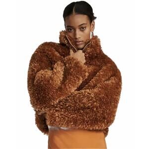 Maeve Teddy Faux Fur Coat Bomber Jacket Honey Crop Size S #918